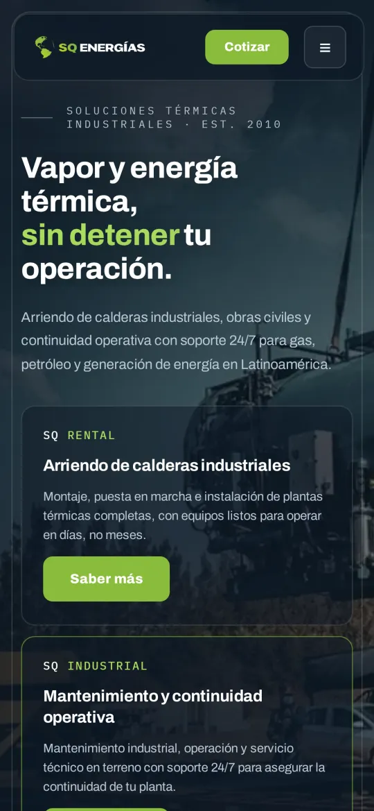 Página inicial do site da SQ Energías no celular