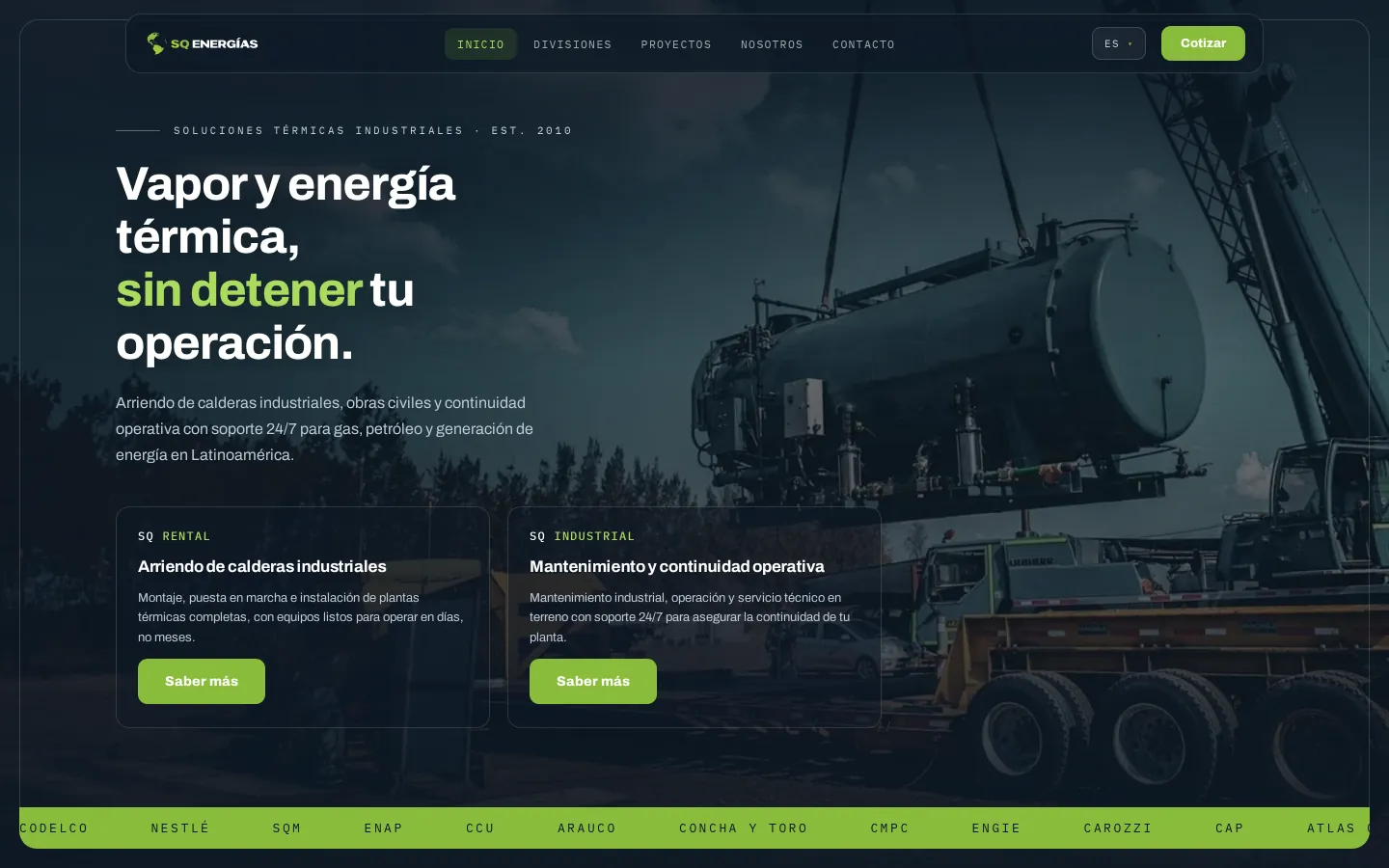 Home page of the SQ Energías site on a computer